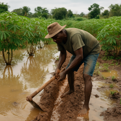 A Nigerian farmer digging a drainage ditch through a flooded cassava field during the rainy season, surrounded by green plants and muddy water under overcast skies.