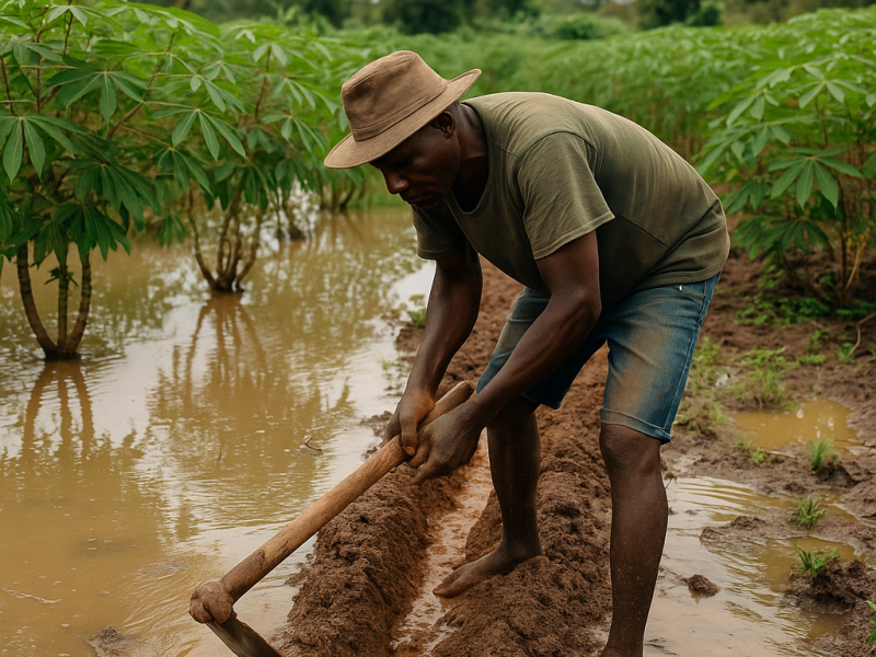 A Nigerian farmer digging a drainage ditch through a flooded cassava field during the rainy season, surrounded by green plants and muddy water under overcast skies.
