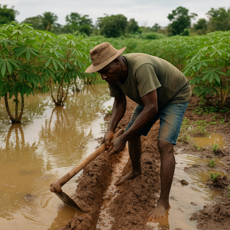 A Nigerian farmer digging a drainage ditch through a flooded cassava field during the rainy season, surrounded by green plants and muddy water under overcast skies.