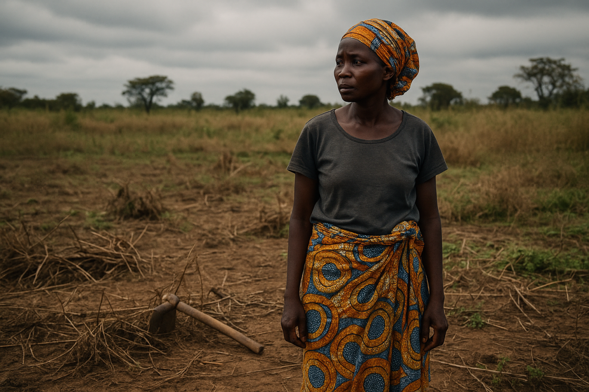 A Nigerian woman stands alone in a deserted farmland holding a hoe, surrounded by dry grass and a looming sky, symbolizing fear and abandonment in agriculture.