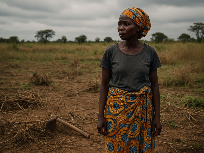 A Nigerian woman stands alone in a deserted farmland holding a hoe, surrounded by dry grass and a looming sky, symbolizing fear and abandonment in agriculture.