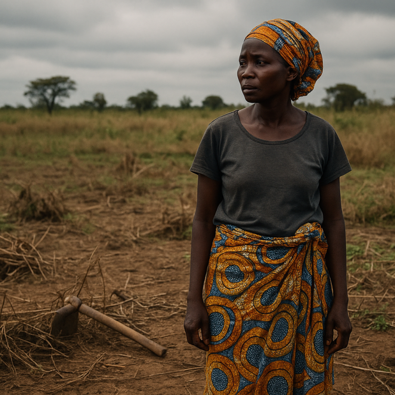 A Nigerian woman stands alone in a deserted farmland holding a hoe, surrounded by dry grass and a looming sky, symbolizing fear and abandonment in agriculture.